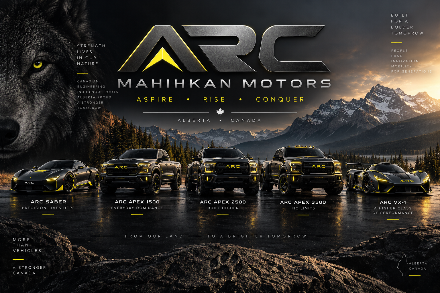 ARC Mahihkan Motors concept vehicle lineup in an Alberta mountain setting